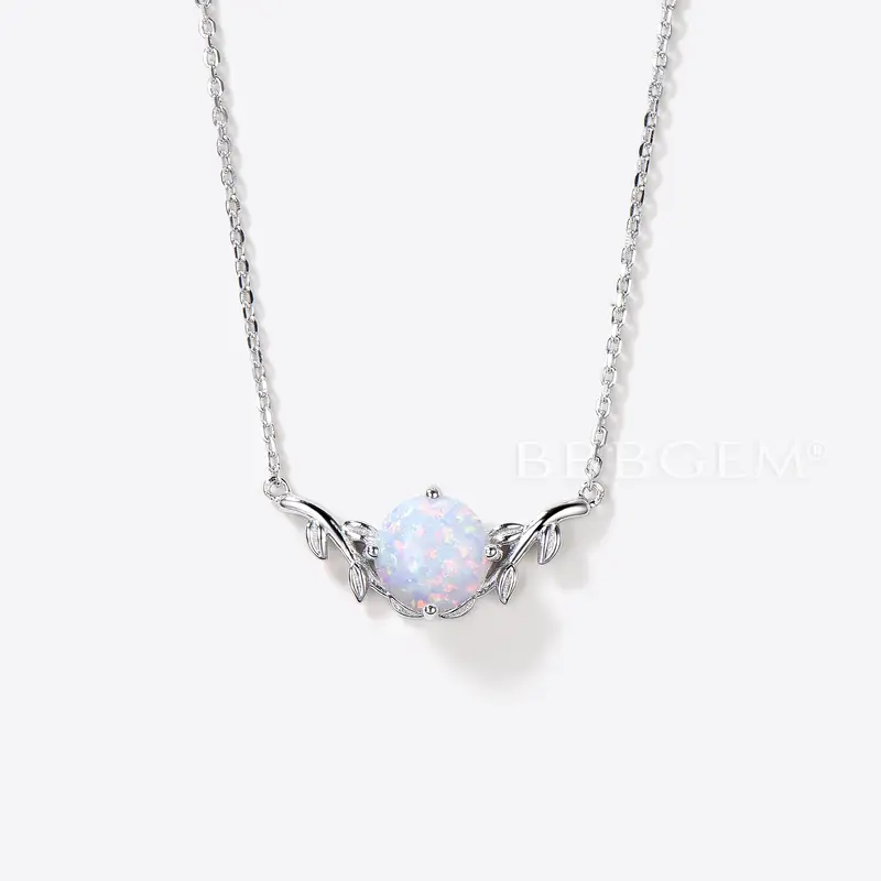 Round Cut White Opal Pendant Leaf Nature Inspired Solitaire Necklace