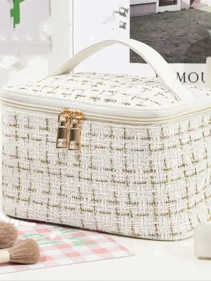 Plaid Pattern Travel Toiletry Bag, Large Capacity Portable Toiletry Bag, Zipper Makeup Bag, Dustproof Cosmetic Storage Bag, T...