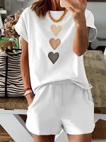 Women's Heart Print Tee & Elastic Waist Shorts Set, Casual Short Sleeve T-shirt & Pocket Track Shorts, Summer Outfits Clothes...