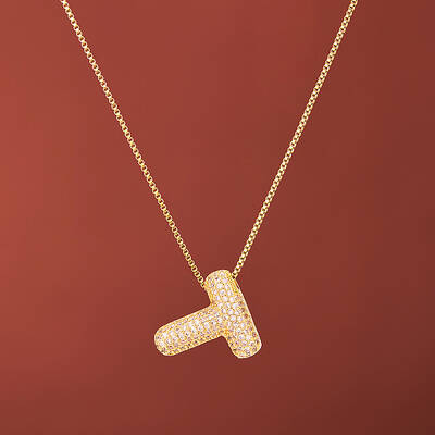 Brass Micro Pave Clear Cubic Zirconia Initial Pendant Necklaces for Women