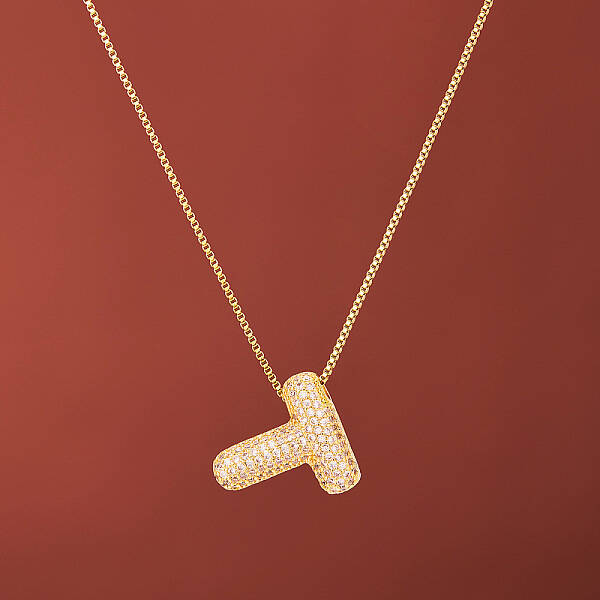 Brass Micro Pave Clear Cubic Zirconia Initial Pendant Necklaces for Women