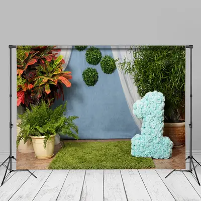 Green Plant Blue 1St Birthday Photography Backdrop - Aperturee