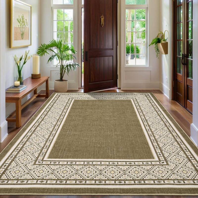 Garvee Neutral Bordered Area Rug Brown 8x10, Soft Washable Non-Slip Polyester, Geometric Pattern, Low-Pile, Living Room Bedro...