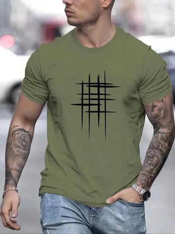 Men's Geometric Print Round Neck Tee, Regular Fit Casual Short Sleeve Crew Neck T-shirt for Summer, Fashion Men's Top for Dai...