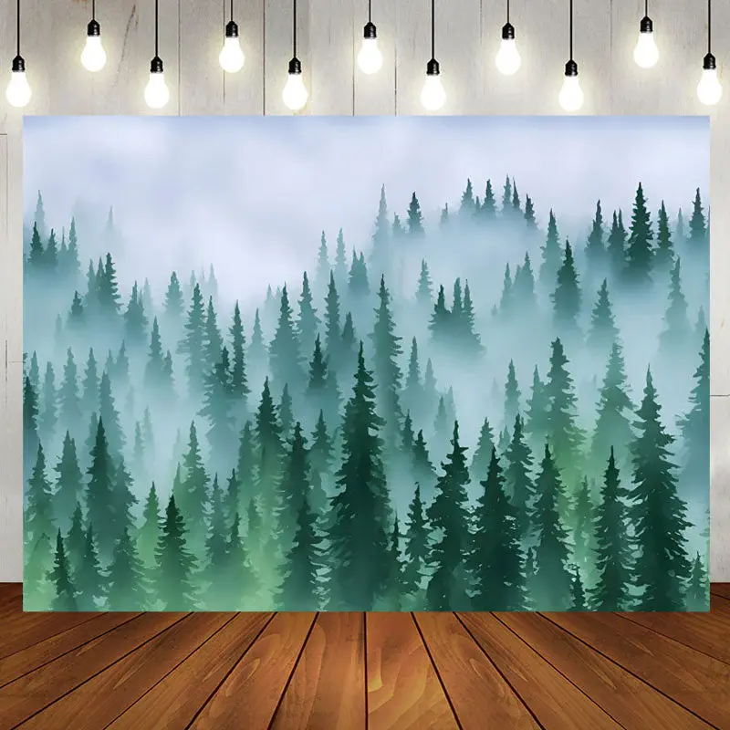 Green Forest Fog Pine Tree Birthday Party Backdrop - Aperturee