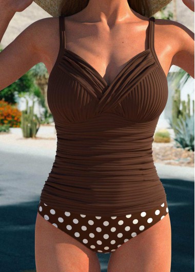 Modlily Surplice Polka Dot Dark Coffee Tankini Set - XXL