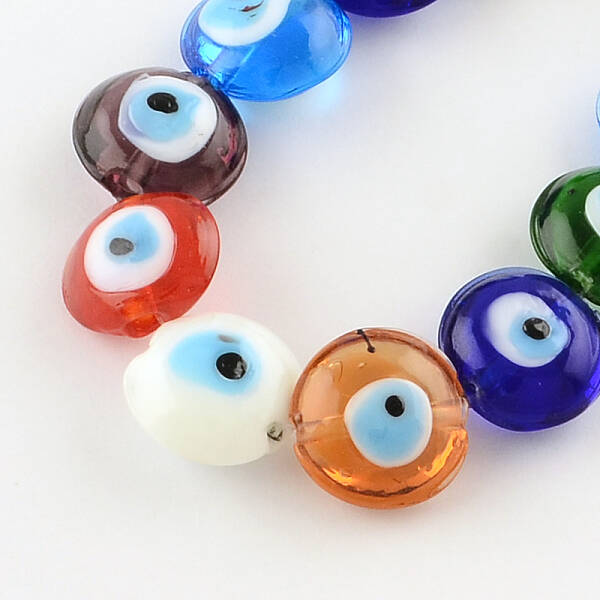 Flat Round Evil Eye Lampwork Bead Strands