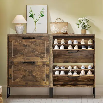 Yitahome Shoe Storage Cabinet with 2 Flip Drawers, Farmhouse Wood Shoe Cabinet, Freestanding Narrow Shoe Rack Organizer with ...