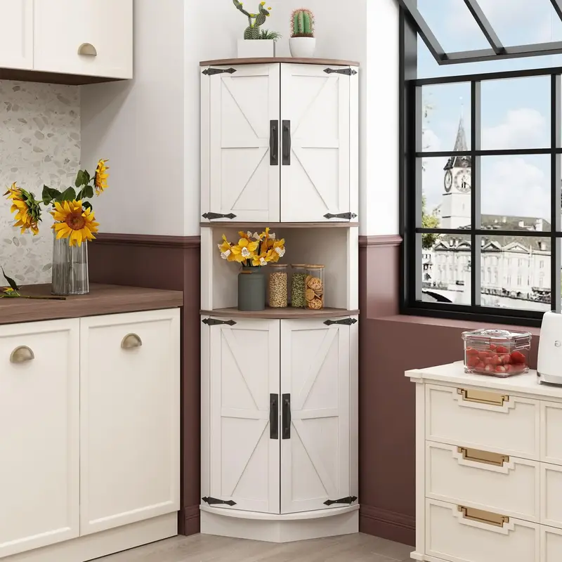 Vabches 64.8 Tall Farmhouse Corner Cabinet with 4 Doors and 5 Storage Shelves, Farmhouse Storage Cabinet with Barn Door Des...