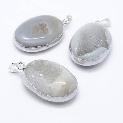 Oval Brass Natural Crystal Agate Pendants