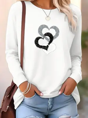 Women's Heart Print Drop Shoulder T-shirt, Casual Soft Long Sleeve Round Neck Tee for Fall & Winter, Women's Clothes for Dail...