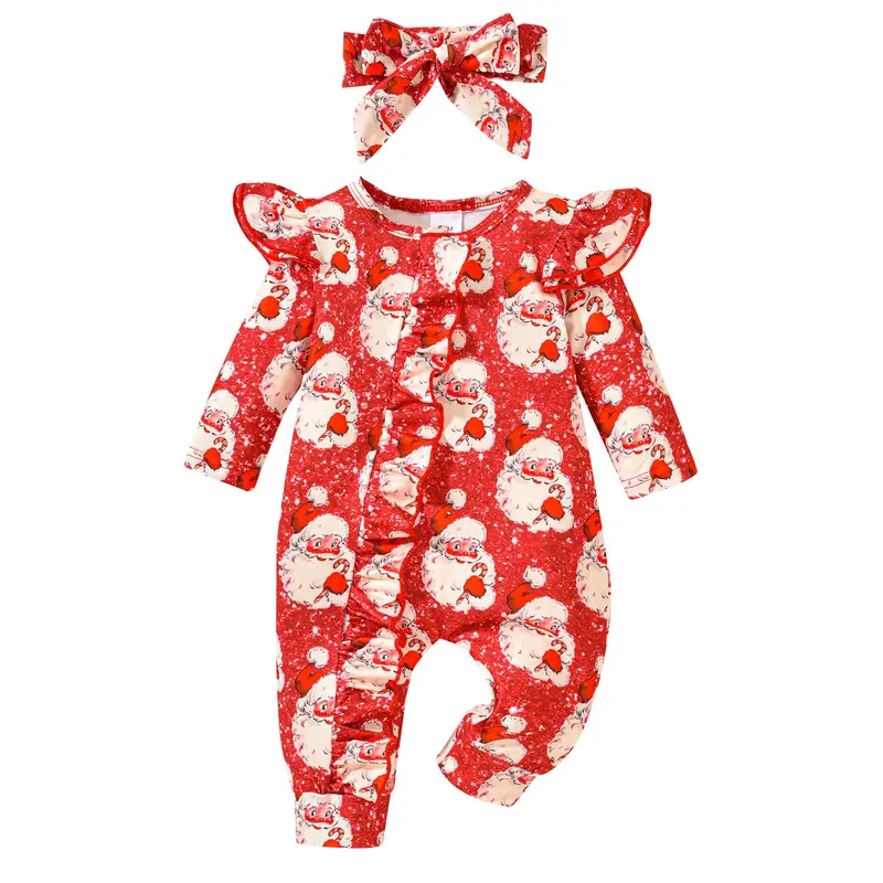 Baby Girls Christmas Outfit Ruffle Long Sleeve Santa Claus Print Long Sleeve Frill Zipper Romper Jumpsuits and Headband Toddl...