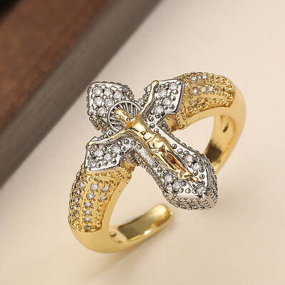 Crucifix Cross Brass Micro Pave Clear Cubic Zirconia Adjustable Cuff Rings