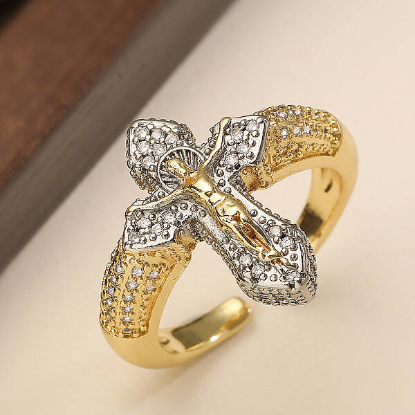 Crucifix Cross Brass Micro Pave Clear Cubic Zirconia Adjustable Cuff Rings