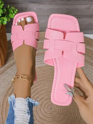Women's Fashionable Plain Color Slip on Flat Sandals, Legit Sandals, Flat Sandal Shoes, Casual Comfortable Square Toe Slide S...