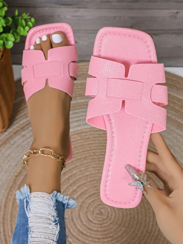 Women's Fashionable Plain Color Slip on Flat Sandals, Legit Sandals, Flat Sandal Shoes, Casual Comfortable Square Toe Slide S...