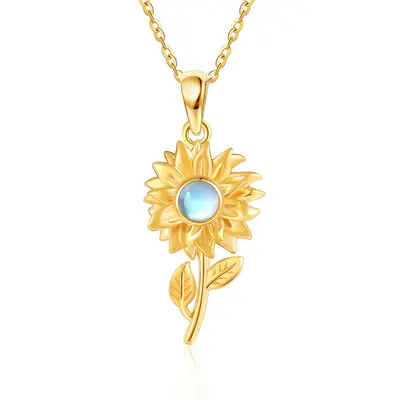 14K Yellow Gold Circular Moonstone Sunflower Pendant Necklace
