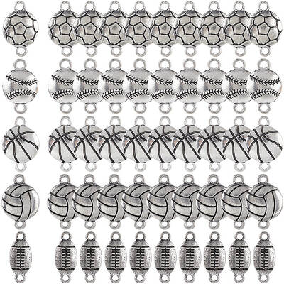 50Pcs 5 Styles Tibetan Style Sport Ball Alloy Connector Charms