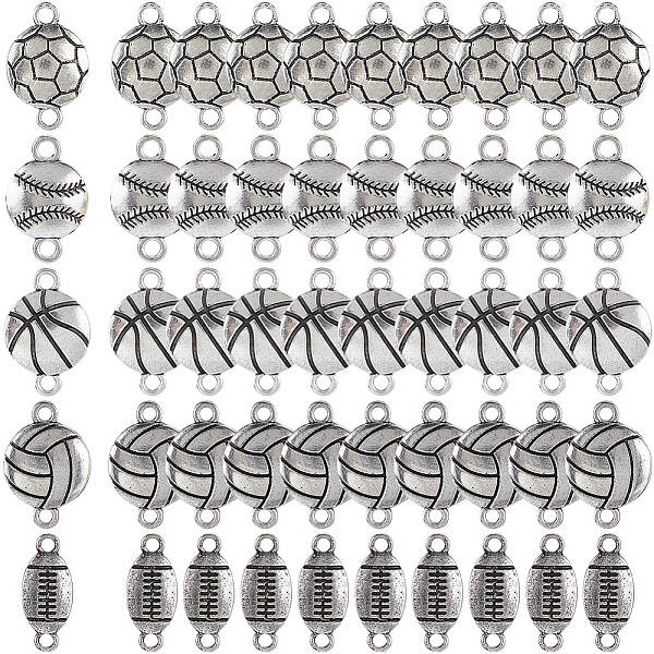 50Pcs 5 Styles Tibetan Style Sport Ball Alloy Connector Charms