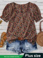 【Plus Size】 Ditsy Floral Print Square Neck Blouse without Bottom, Casual Short Sleeve Top for Summer, Women's Plus Clothi...