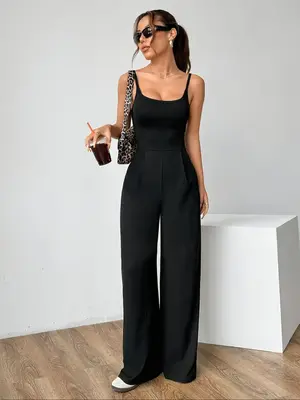 Women's Solid Backless Cami High Waisted Jumpsuits, Casual Minimalist Sleeveless Jumpsuit for Summer, Fashion Fitted Women's ...