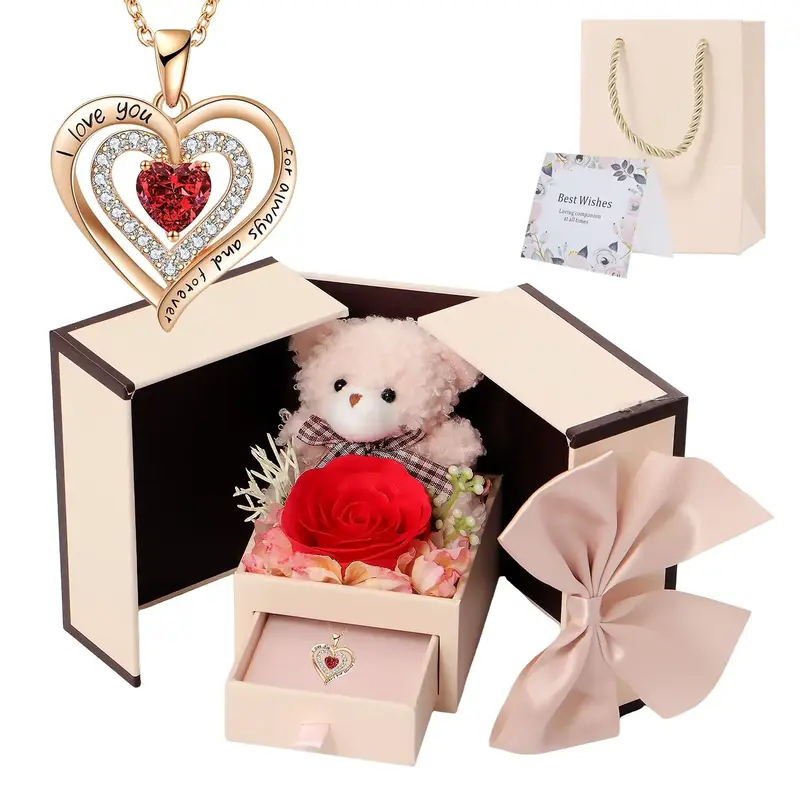 Creative Artificial Rose Bear Gift Box with Heart-shaped Pendant Necklace, Romantic Bracelet Gift Set with Gift Bag & Greetin...