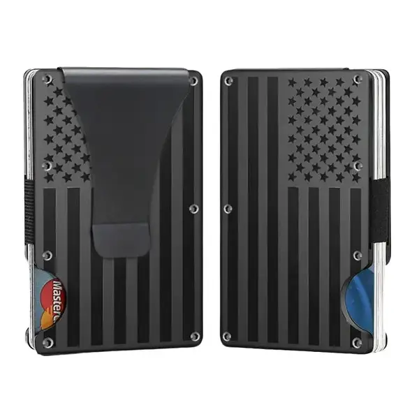 RFID Blocking Minimalist Credit Card Holder & Money Clip Wallet for Men American Flag Design Wood Material Slim Durable Styli...