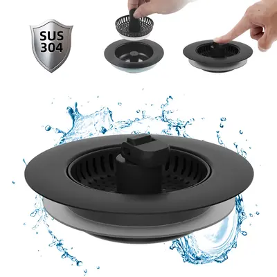 Hibbent 3 in 1 Kitchen Sink Drain Strainer, Stainless Steel Drain Stopper Combo, Pop Up Sink Stopper, Anti-Clogging Metal Bas...