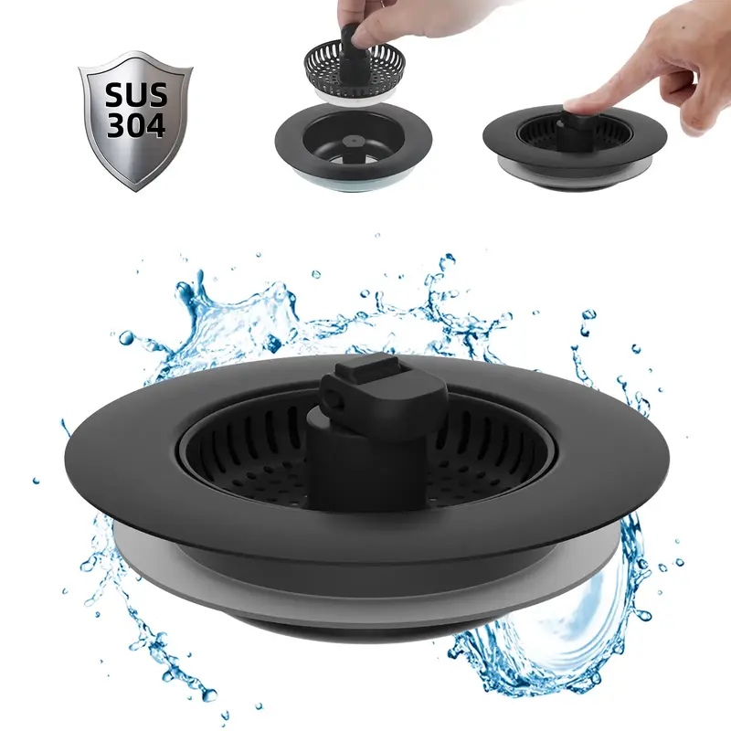 Hibbent 3 in 1 Kitchen Sink Drain Strainer, Stainless Steel Drain Stopper Combo, Pop Up Sink Stopper, Anti-Clogging Metal Bas...