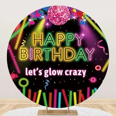Lets Glow Crazy Black Disco Round Birthday Backdrop - Aperturee