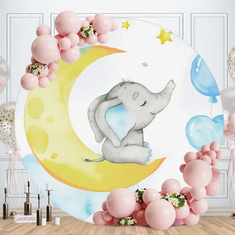Aperturee Elephant Moon Blue Balloon Circle Baby Shower Backdrop