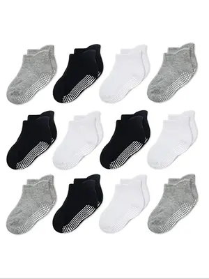 Baby Boys' Plain Anti-slip Crew Socks, Casual Comfortable Breathable Socks for Daily Wear, Knit Crew Socks for All Seasons