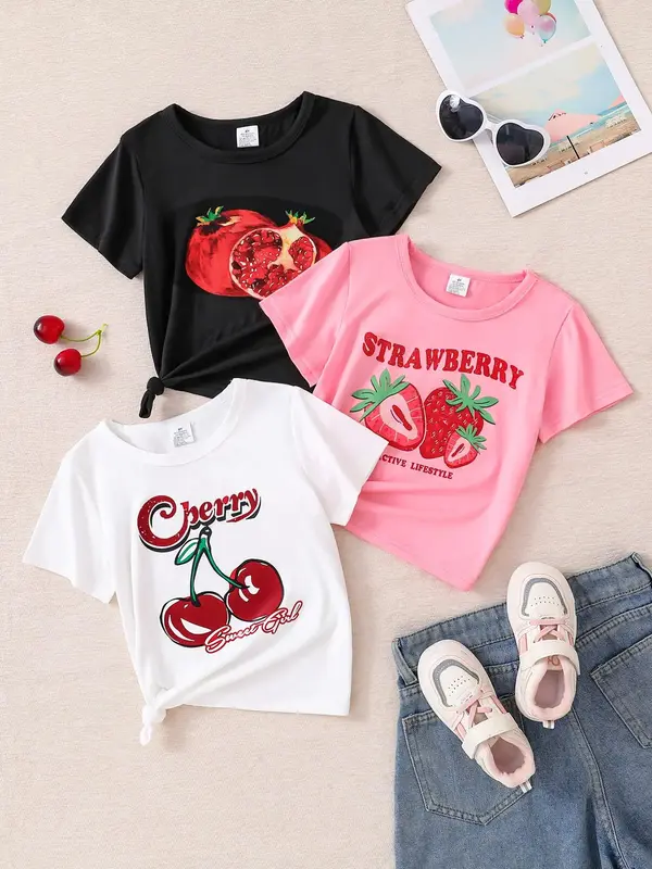 Toddler Girl's Fruit & Letter Print Round Neck Tee, Casual Short Sleeve Crew Neck T-shirt for Summer, Kids Clothes for Daily ...