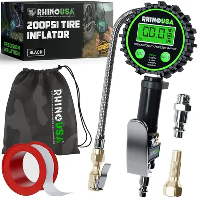 Rhino USA Digital Tire Pressure Gauge with Inflator (0-200 PSI) - Heavy Duty Air Chuck and Compressor Accessories ANSI Grade ...