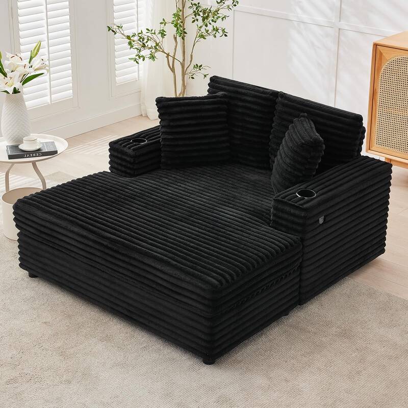 Garvee 60 Oversized Corduroy Chaise Lounge Chair with Charging Station & Cup Holders, High-Density Foam, Plush Pillows, Indo...