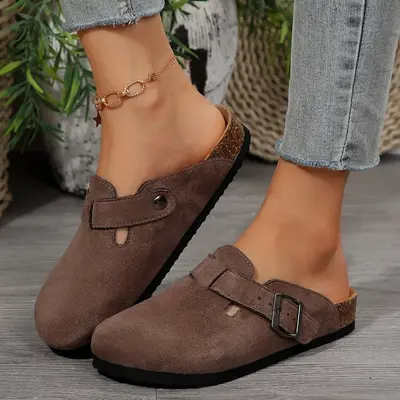 Women's Slippers  Clogs Cork Footbed Suede Light Slippers Potato Shoes with Adjustable Buckle