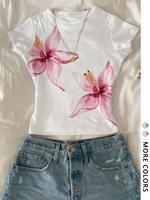 Women's Floral Print Round Neck Tee, Casual Slim-fitting Short Sleeve T-shirt, Ladies Summer Clothes for Daily Wear, Top, Wom...