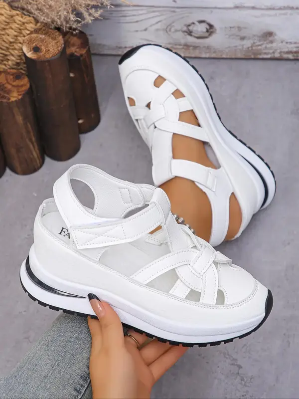Women's Fashionable Velcro Fastening Wedge Sneakers, Casual Comfortable Soft Sole Sandals for Summer, Lightweight Breathable ...
