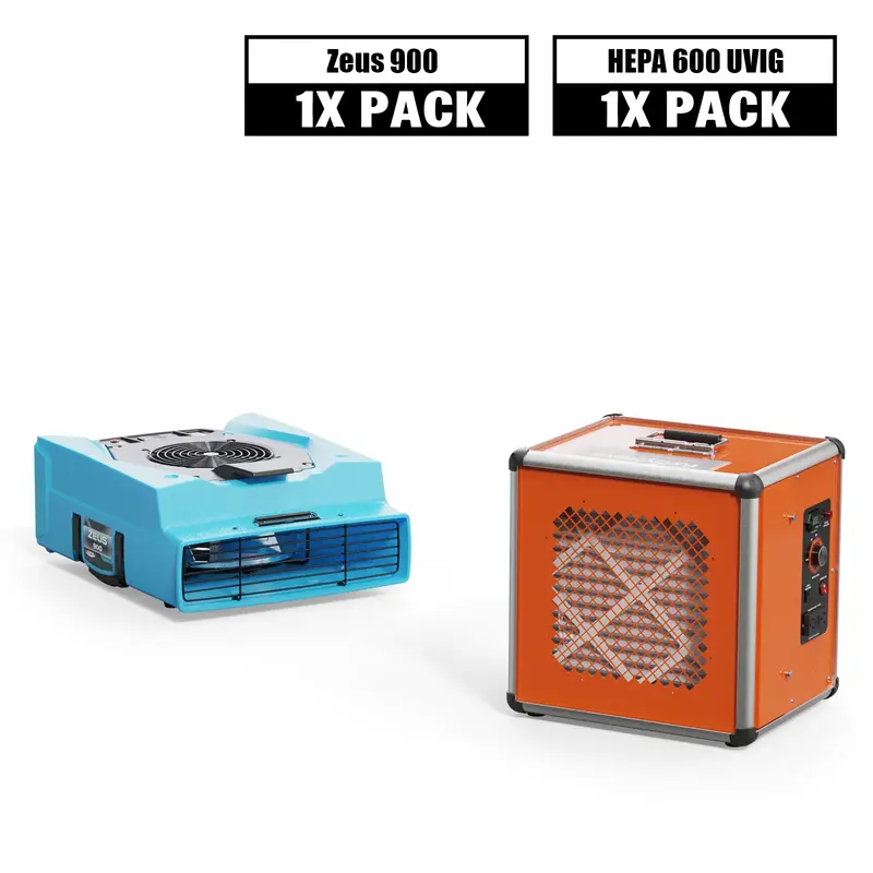 Alorair Sanitization & Disinfection Combo Pack, 1 X Zeus 900 Air Mover, 1 X HEPA 600 UVIG Air Scrubber - Blue