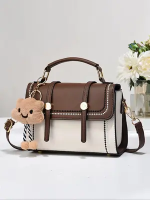 Fashionable Colorblock Handbag with Cute Bear Charm Decor, Luxury Handbags for Women, Trendy Versatile Pu Leather Zipper Cros...