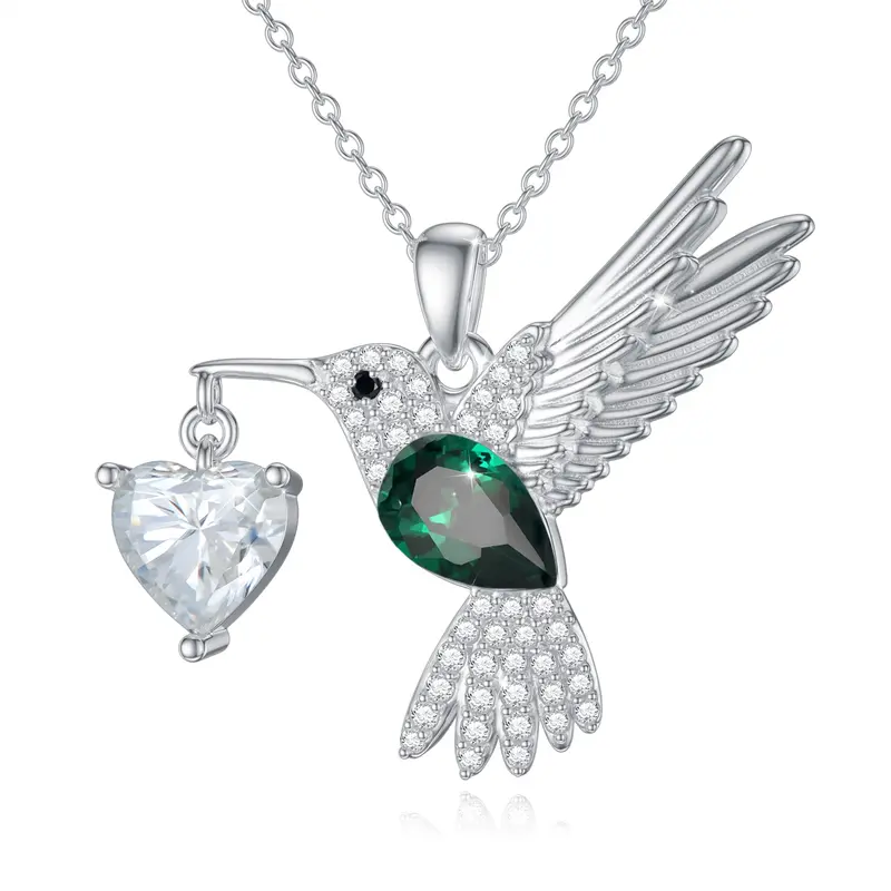 Sterling Silver Round Moissanite Hummingbird & Heart Pendant Necklace