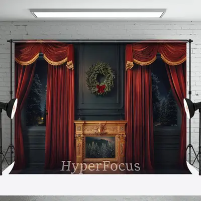 Red Curtain Black Wall Wreath Christmas Backdrop - Aperturee