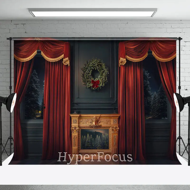 Red Curtain Black Wall Wreath Christmas Backdrop - Aperturee
