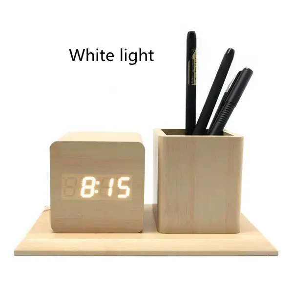 Fashion LED Wood Pen Holder Alarm Clock | Color: Bamboo wood | style: White word