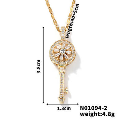 Fashionable Brass Inlaid Zircon Rotating Key Pendant Necklaces