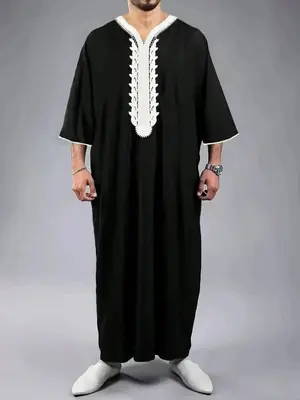 Men's Solid Color Contrast Trim V Neck Robe, Loose Casual Modesty Comfy 3/4 Sleeve Robe for Daily Wear, Men's Islamic Cloth...