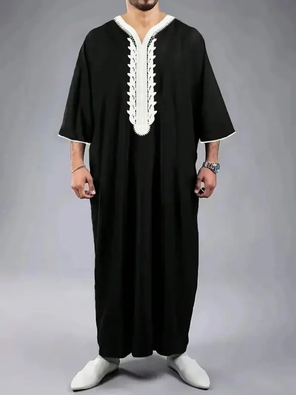 Men's Solid Color Contrast Trim V Neck Robe, Loose Casual Modesty Comfy 3/4 Sleeve Robe for Daily Wear, Men's Islamic Cloth...