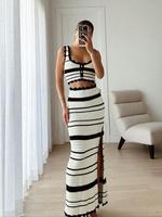 Two-piece Set Women's Striped Print Crop Knit Sleeveless Top & Skirt, Chic Elegant Fashion Casual Hollow Out Knit Top & Skirt...