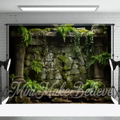 Natural Green Moss Leaves Stone Wall Spring Backdrop - Aperturee