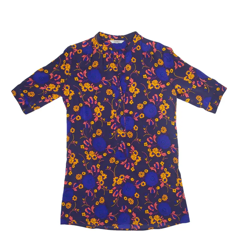 TUCKER Tunic Oversized Shirt Dress Black Floral Silk 3/4 Sleeve Knee Length Womens UK 10